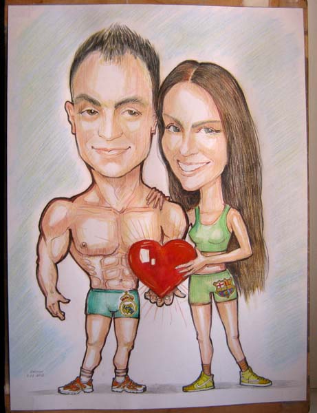 шаржист на свадьбу в Минске шарж по фото парочки с сердцем