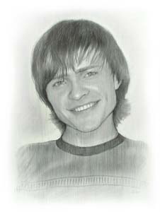 шаржист на корпоративе в Минске шарж по фото парня с челкой и улыбкой